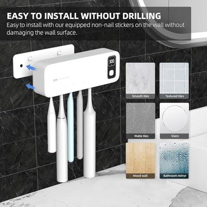 UV Toothbrush Sanitiizer and Holder, 360 Saniti & Air Drying, Timed Toothbrush Holders for Bathrooms, 2200mAh Rechargeable Cordless Wall Mounted Home Toothbrush Sterilizer