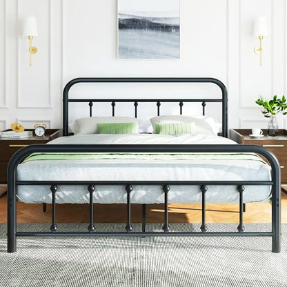 Shintenchi Queen Size Metal Platform Bed Frame with Headboard & Footboard, Steel Slat Mattress Foundation, Under Bed Storage, Noise-Free, No Box Spring Needed, Black Round