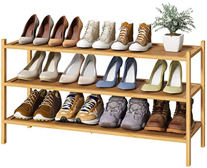kiplant Long Shoe Rack, Bamboo Wood 3-Tier Shoe Rack for Entryway, Stackable | Foldable | Natural, Shoe Organizer for Hallway Closet, Free Standing Shoe Racks for Indoor Outdoor