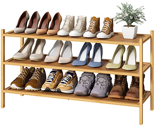 kiplant Long Shoe Rack, Bamboo Wood 3-Tier Shoe Rack for Entryway, Stackable | Foldable | Natural, Shoe Organizer for Hallway Closet, Free Standing Shoe Racks for Indoor Outdoor