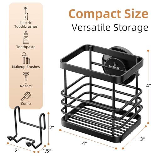 Powerful Suction Cup Stainless Steel Toothbrush Holders, Black | Removable Shower Tooth brush and Toothpaste Holder, Strong Suction Up to 11lbs, Anti-Puddling ,No Drill Bathroom Organizer