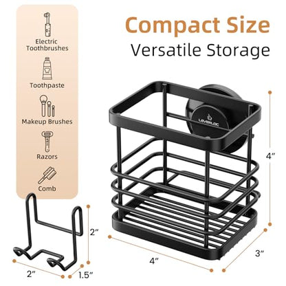 Powerful Suction Cup Stainless Steel Toothbrush Holders, Black | Removable Shower Tooth brush and Toothpaste Holder, Strong Suction Up to 11lbs, Anti-Puddling ,No Drill Bathroom Organizer