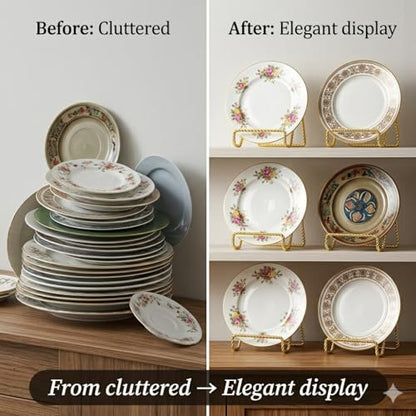 HOHIYA 3" Gold Plate Display Stands 6 Pack Mini Metal Easels | Compact metal easels display decorative plates, photos, frames, artwork and collectibles on shelves or tabletops.