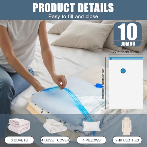 10 Jumbo Vacuum Storage Bags for Bedding Vacuum Seal Bags for Blankets | Extra Large Storage Bags Vacuum Sealed with Hand Pump Space Saver Bag for Clothing Travel Bedding Comforters Pillow Duvets