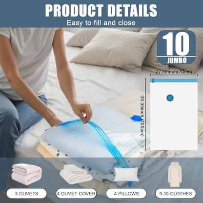 10 Jumbo Vacuum Storage Bags for Bedding Vacuum Seal Bags for Blankets | Extra Large Storage Bags Vacuum Sealed with Hand Pump Space Saver Bag for Clothing Travel Bedding Comforters Pillow Duvets