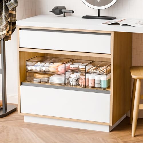 Clear Stackable Storage Drawers - Set of 6 - Acrylic Drawers,Bathroom Organizer Bin and Plastic Makeup Organizer,Clear Stacking Brightroom Storage Boxes for Vanity,Cabinet,Pantry Organization