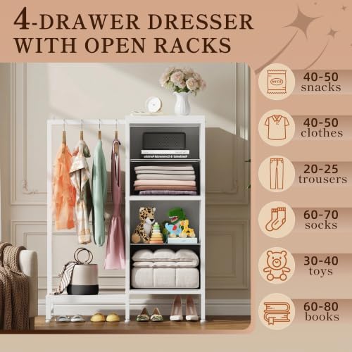 Tall Dresser 44''H with Hanging Rack, 4 Drawers Small Closet Dresser for Bedroom, Reversible Fabric Chest of Drawers with Clothes Rack, Tall Storage Tower, Sturdy Frame, White