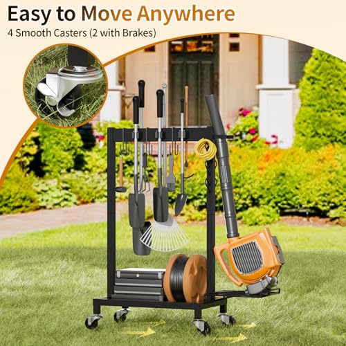 Broom Holder with Cleaning Supplies Organizer, 18" Wx11.8 Dx34.6 H | Load 160 LBS, Cleaning Cart with Wheels, 6 Mop Hanger Grippers, 3 Double-Hooks, Vacuum Stand for Laundry Garage Organization