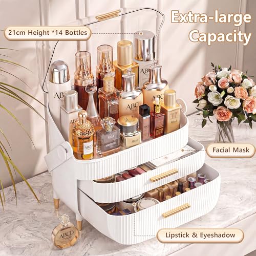 Makeup Organizer Skincare Organizers With Drawers | Cosmetic Display Cases with Transparent Cover, Skincare Organizers for Bathroom Countertop, Bedroom Vanity Desk, White