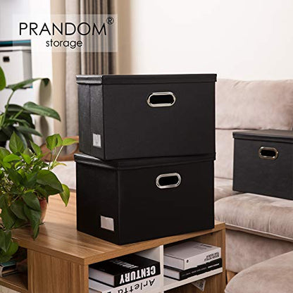 Large Collapsible Storage Bin with Lid [1-Pack] Leather Fabric Foldable Storage Box Organizer Containes Basket Cube with Cover for Home Bedroom Closet Office Nursery Black (17.7x11.8x11.8)