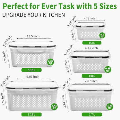 PRAKI Fruit Storage Containers for Fridge with Removable Colander, 5-Pack