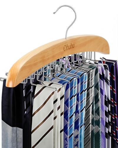 Ohuhu 24-Hook Wooden Tie Rack Organizer for Closet – Space Saving Hanger with 360° Rotating Anti-Slip Clips, Holds 24 Ties Securely Without Wrinkles – Premium Hardwood & Rustproof Steel