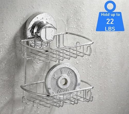 Soap Dish for Shower Suction Cup Powerful Vacuum System Rustproof 304 Stainless Steel Basket Sponges Holder with Razor Hooks for Bathroom or Kitchen Soap Holder, 2 Tier (Silver)