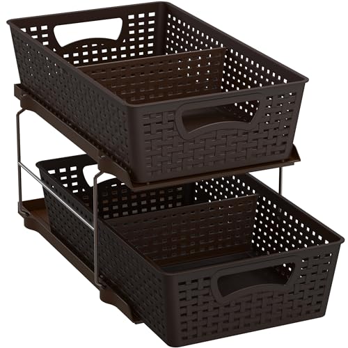 Simple Houseware 2 Tier Pull-Out Sliding Drawer Under Sink Storage, Brown | Great for Kitchen Bathroom Tray Shelf Organizer