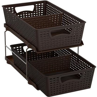 Simple Houseware 2 Tier Pull-Out Sliding Drawer Under Sink Storage, Brown | Great for Kitchen Bathroom Tray Shelf Organizer
