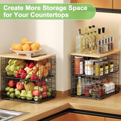 4 Pack Stackable Wire Baskets for Pantry Organizer... (Natural | Metal Wood)