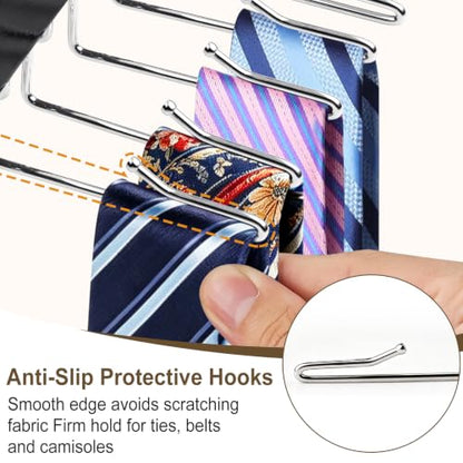 2 Pack Tie Rack Hanger, 24 Hooks Each, Space Saving Wooden Tie Organizer for Men, Holds Up to 24 Ties Belts Scarves, 360° Rotating Anti-Slip Rustproof Foldable Steel Hooks, No Wrinkles