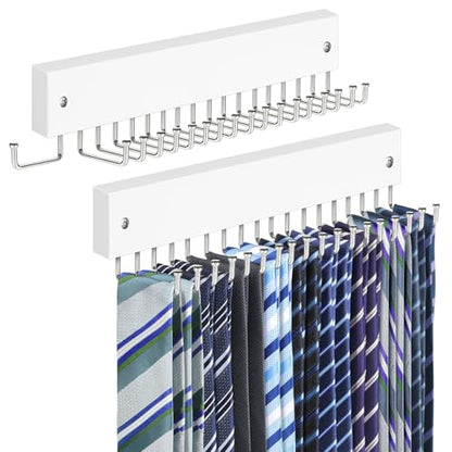 Tie Rack Belt Hanger Wall Mounted Tie Organizer White 2 Pack | Wooden Tie Hangers, 180° Swivel with 18 Hooks, Non Slip, Wrinkle-Free, Easy Access, Space Saving Holder for Tie Belts Scarves