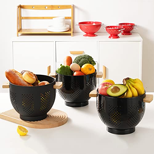 Metal Colander with Wood Handle and Stable Base, Powder Coated Steel Kitchen Strainer Basket for Draining Pasta, Vegetable and fruit(5.5quart,Matte Black)