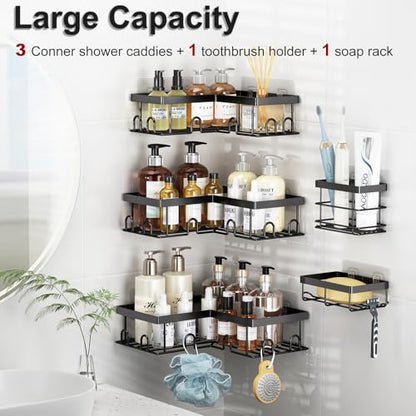 Corner Shower Caddy 5 Pack Adhesive Stainless Steel Organizer Black | Shower Shelves with Soap Rack Toothbrush Holder, Large Capacity No Drilling Bathroom Accessory Home Decor Set