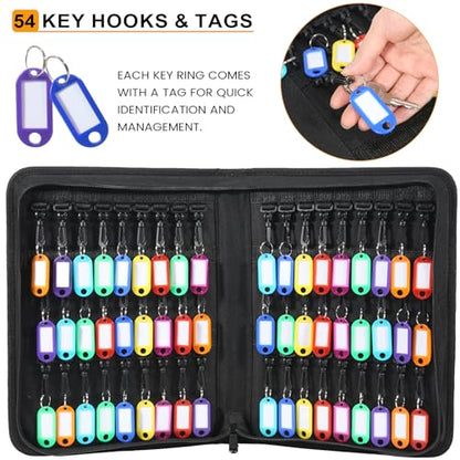 Zippered Key Case, Portable Key Organizer with Handle, Waterproof & Fireproof Key Binder with 54 Hooks and Tags, Key Box Organizer for Estate Sales, Hotel Executives, Landlord, Car Rental