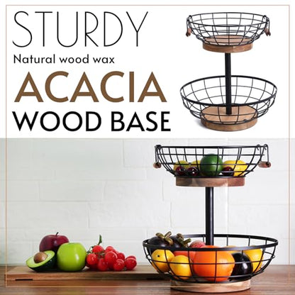 2-tier Fruit Basket Bowl,Metal Basket with Wooden Base,Fruit and Vegetable Storage with Banana Hanger,Fruit Basket for Kitchen Counter Organizer.
