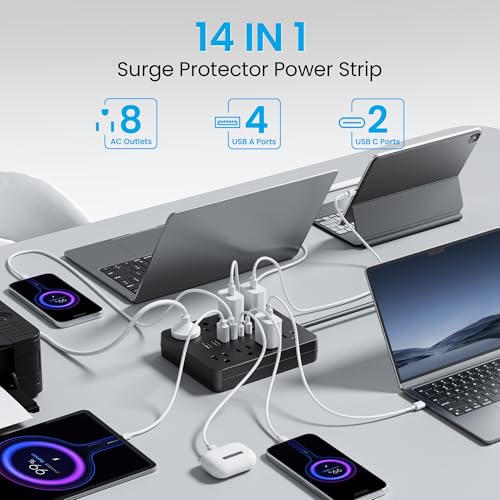 Surge Protector Power Strip, 8 Outlets(1850W/15A/14AWG), 6 USB Charging Ports(2 USB C), 6FT Flat Plug Extension Cord Outlet Extender with Overload Protection, ETL Certified for Office