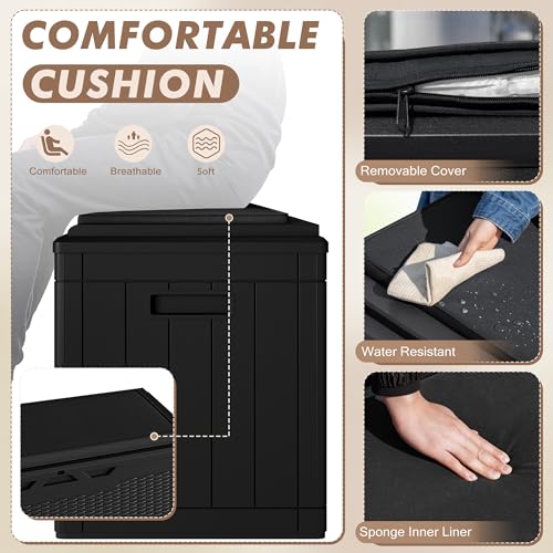 Devoko 100 Gallon Deck Box Waterproof Outdoor Storage Box with Cushion | Resin Large Outdoor Storage Bench Cabinet Lockable for Outside, Patio Furniture, Garden Tools