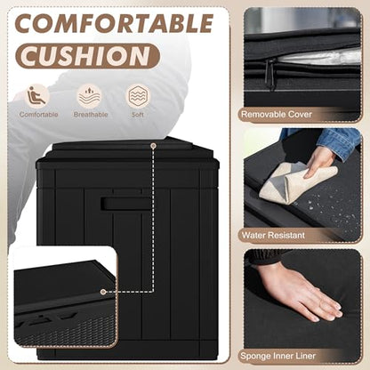 Devoko 100 Gallon Deck Box Waterproof Outdoor Storage Box with Cushion | Resin Large Outdoor Storage Bench Cabinet Lockable for Outside, Patio Furniture, Garden Tools