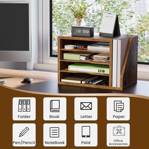 Wooden Mail Organizer, Desk Organizer with 3 Adjustable Shelves | Mail Sorter, File Organizer Desktop, Mail Holder for Home Office, Letter Sorter for Envelopes, Bills, Magazines, Rustic Brown