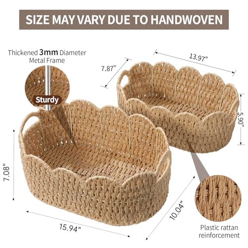 Paper Rope Scalloped Basket Set of 2, Wicker Storage Baskets for Shelves,Gifts,Books,Toys,Cute Decor Rattan Baskets for Organizing,Natural Color