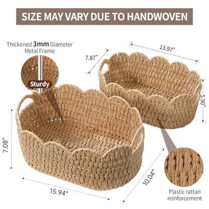 Paper Rope Scalloped Basket Set of 2, Wicker Storage Baskets for Shelves,Gifts,Books,Toys,Cute Decor Rattan Baskets for Organizing,Natural Color