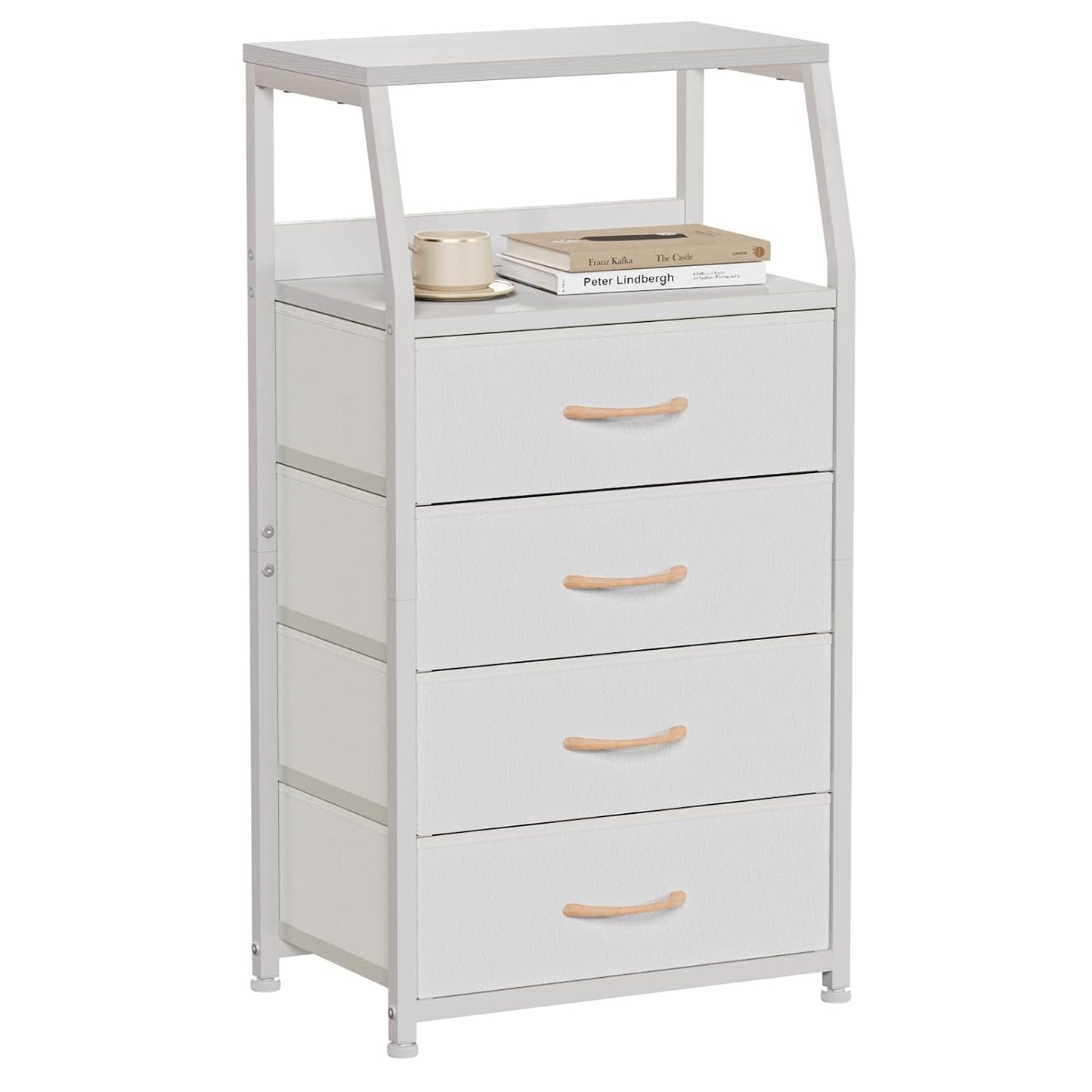 Tall Nightstand with 4 Fabric Drawers, Small Dresser for Bedroom | White Dorm Bedside Table , Dresser for Closet, Storage Drawer for Living Room, Entryway, Furniture, Metal Frame, Wood Top