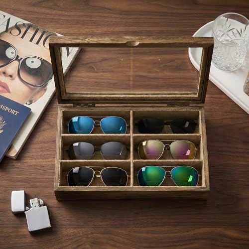 SRIWATANA Sunglasses Organizer, 6 Slots Eyeglass Holder, Carbonized Black | Wood Sunglass Storage Box with Clear Top Lid, Display Holder Case for Eyeglasses, Eyewear & Jewelry, Ideal Gift for Men Women