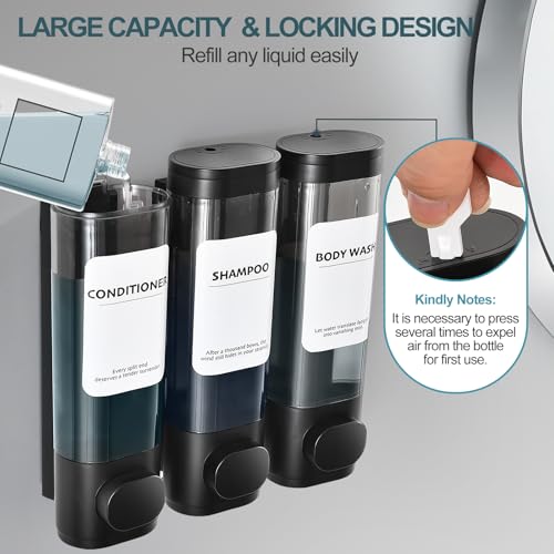 Shampoo Conditioner Shower Soap Dispenser 3 Chamber Wall Mount Black | Refillable. Leakproof 900ml. No-Drill Wall Mount. Soap, Shampoo, Conditioner, Body Wash, Shower Gel, Bathroom Set. BPA-Free.