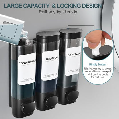 Shampoo Conditioner Shower Soap Dispenser 3 Chamber Wall Mount Black | Refillable. Leakproof 900ml. No-Drill Wall Mount. Soap, Shampoo, Conditioner, Body Wash, Shower Gel, Bathroom Set. BPA-Free.