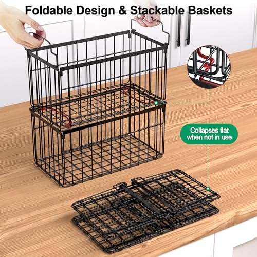 Freezer Organizer Bins, 4 Pack Big Baskets for 5/ 7 Cu.FT Deep Freezer | Stackable Chest Freezer Organizer Bins, Foldable Baskets with Handles, Black Storage Container Baskets for Sort Frozen Meats