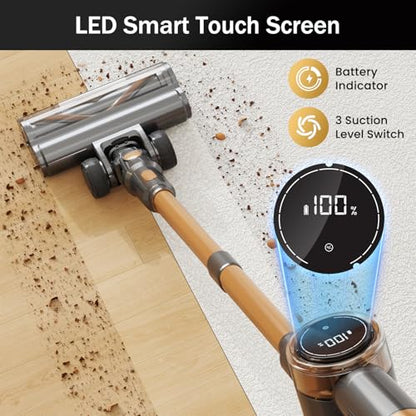 Cordless Vacuum Cleaner, 10-in-1 Lightweight Stick Vacuum with 45mins Runtime, Powerful Suction, LED Touch Screen, Rechargeable Vacuum Cleaners for Home Hardwood Floor Carpet Pet Hair (Gold)