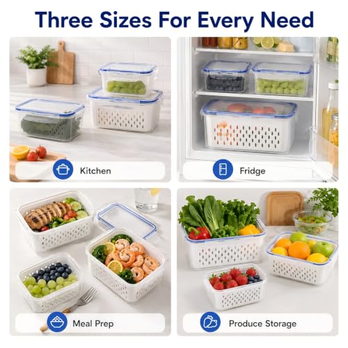 3 Pcs Fruit Storage Containers for Fridge, Produce Storage Containers with Removable Colander Basket & Airtight Lid, BPA-free food storage containers, for Fruits, Vegetables & Meat
