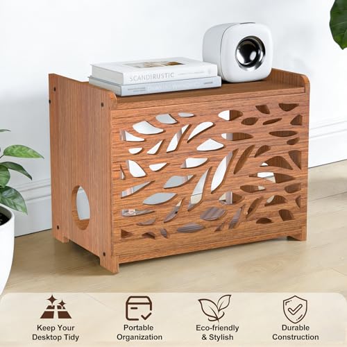 Router Box Hider & Projector Shelf -Decorative WiFi Router Storage Cabinet | Ventilation Cable Management Box Modem & Power Strip Hider Rack Leaf Pattern Cutout, Fits Routers Up to 9.84" Tall (Brown)