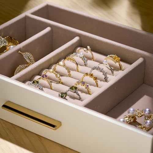 Jewelry Box Organizer Storage Case, 3-Layer with Glass Window, White | Ivory Leather with Pink Velvet, Holder for Ring Necklace Bracelet Brooch Watch, Great Gift for Her