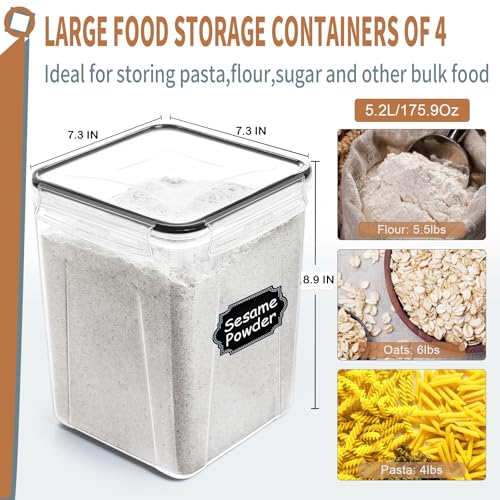 PRAKI Large Airtight Food Storage Containers 5.2L / 195oz, 4pcs Pantry Kitchen Organizers and Storage for Flour, Sugar, Baking Supplies, BPA Free, Plastic Flour Containers with 20 Labels & Maker
