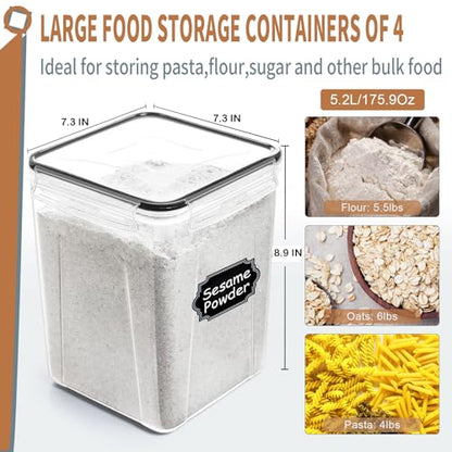 PRAKI Large Airtight Food Storage Containers 5.2L / 195oz, 4pcs Pantry Kitchen Organizers and Storage for Flour, Sugar, Baking Supplies, BPA Free, Plastic Flour Containers with 20 Labels & Maker