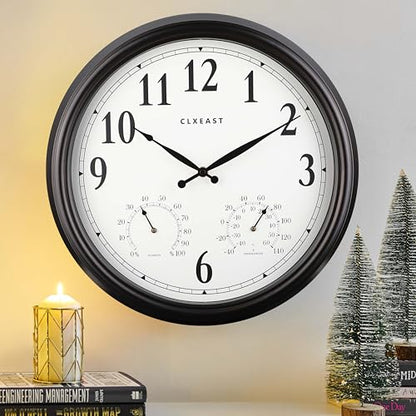 18 Inch Outdoor Clocks for Patio Waterproof & UV Resistant, Black | Built In Thermometer & Hygrometer,IP56 Weatherproof, Accurate & Easy to Read for Patio, Pool, Porch & Garden Decor