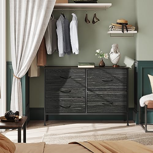WLIVE Black Dresser for Bedroom, 5 Fabric Chest of Drawers | Black 5-drawer wide fabric dresser with steel frame, modern storage for bedroom living room home closet