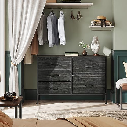 WLIVE Black Dresser for Bedroom, 5 Fabric Chest of Drawers | Black 5-drawer wide fabric dresser with steel frame, modern storage for bedroom living room home closet