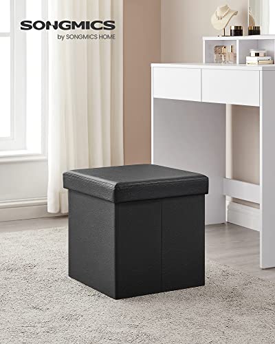 SONGMICS MAZIE Collection - 15 Inches Ottoman with Storage, Footstool, Storage Ottoman, Load 660 lb, for Dorm, Living Room, Bedroom, Synthetic Leather, Black ULSF101