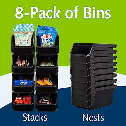 Medium Stackable Plastic Storage Bins, 8-Pack, Bla... (Black | Plastic)