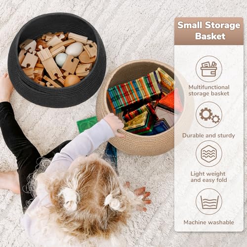 Goodpick Round Small Wicker Storage Basket for Shelves, 10" x 8.3", Jute | Woven Baby Basket with Handles，Decorative Gift Basket, Fits Living Room Nursery Toys & Towels Storage, Plant Baskets Indoor