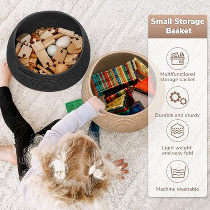 Goodpick Round Small Wicker Storage Basket for Shelves, 10" x 8.3", Jute | Woven Baby Basket with Handles，Decorative Gift Basket, Fits Living Room Nursery Toys & Towels Storage, Plant Baskets Indoor